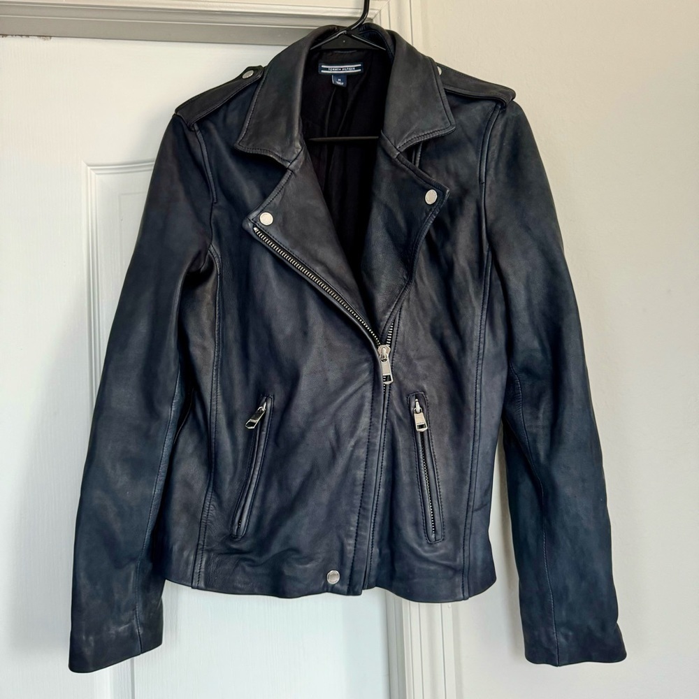 Tommy Hilfiger Genuine Leather Navy Blue Moto Jacket Womens Medium 💙